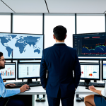 A diverse team of professional data analysts and risk managers is shown in a sleek, modern control room. They are fully clothed in modest business attire, engaged in real-time monitoring. Multiple large screens display complex data visualizations, real-time social media feeds, and trend graphs, indicating the use of advanced AI monitoring systems for proactive risk detection. One manager points to a screen, discussing potential risk indicators with colleagues who are actively listening and typing on keyboards. The atmosphere is calm, focused, and professional, emphasizing early detection and preparedness. Perfect anatomy, correct proportions, natural pose, well-formed hands, proper finger count, natural body proportions. High-resolution, professional photography, cinematic lighting, ultra-detailed. Safe for work, appropriate content, fully clothed, professional, family-friendly.