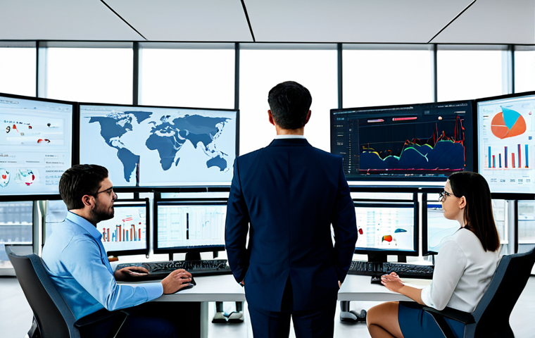 A diverse team of professional data analysts and risk managers is shown in a sleek, modern control room. They are fully clothed in modest business attire, engaged in real-time monitoring. Multiple large screens display complex data visualizations, real-time social media feeds, and trend graphs, indicating the use of advanced AI monitoring systems for proactive risk detection. One manager points to a screen, discussing potential risk indicators with colleagues who are actively listening and typing on keyboards. The atmosphere is calm, focused, and professional, emphasizing early detection and preparedness. Perfect anatomy, correct proportions, natural pose, well-formed hands, proper finger count, natural body proportions. High-resolution, professional photography, cinematic lighting, ultra-detailed. Safe for work, appropriate content, fully clothed, professional, family-friendly.