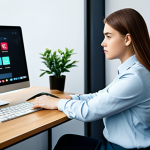 **

A young woman in a modest, professional outfit sits at a desk, looking thoughtfully at a social media feed on her computer. The office is modern and bright. She is fully clothed and the scene is safe for work. This image illustrates the pressures of social media and its impact on self-esteem. Perfect anatomy, natural proportions, high quality.

**
